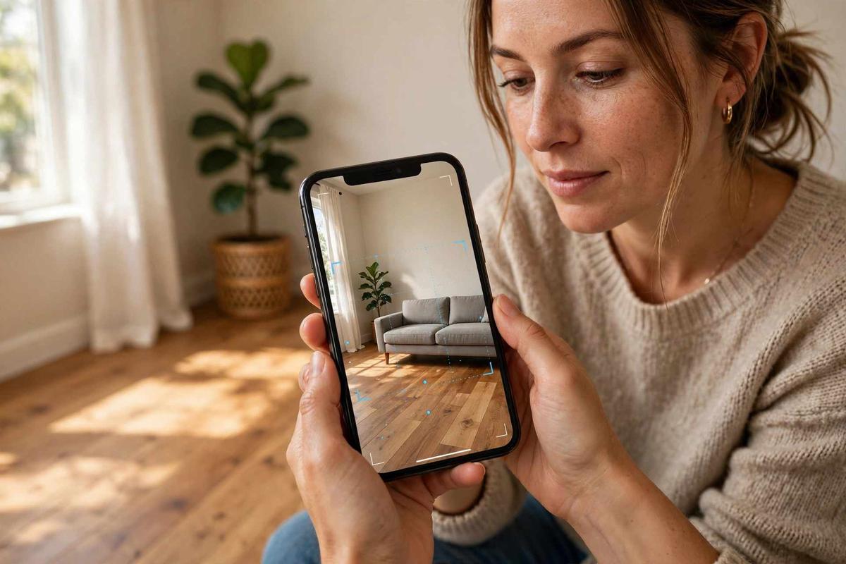 Shopper holding a smartphone showing a sofa at true size on the floor of their own living room