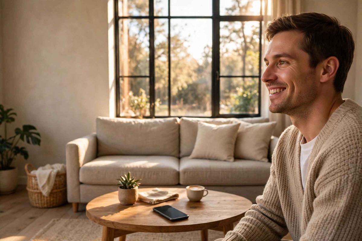A fabric sofa placed neatly against a living room wall under a large window, with a smartphone on the coffee table