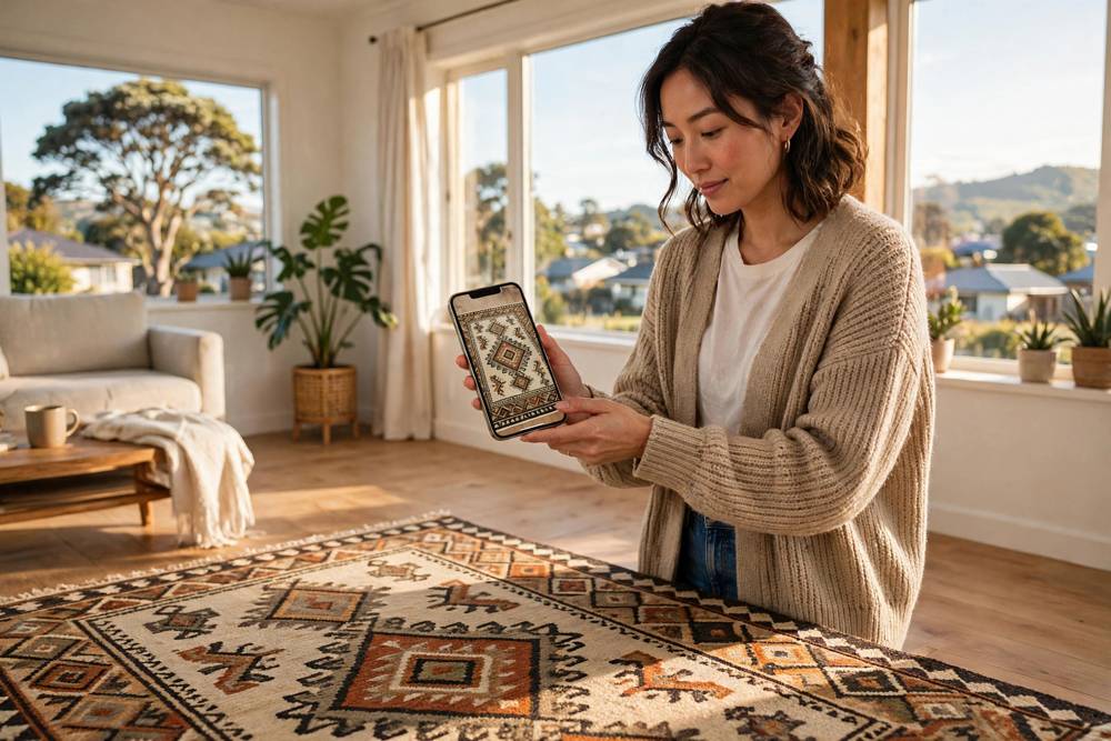 Shopper in a bright New Zealand living room holding a smartphone showing a patterned wool rug at true size on the wooden floor
