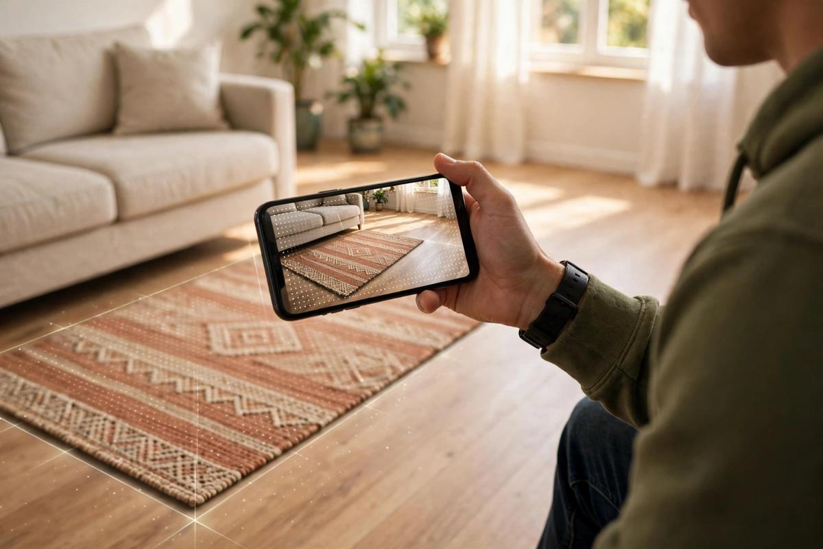 Shopper pointing a smartphone at a bare living room floor, the screen showing a rug at true size beside the sofa