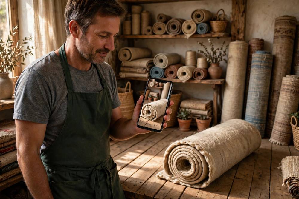 Rug store owner in a rug shop holding a smartphone beside a real rolled wool rug, the screen showing the same rug at identical true size