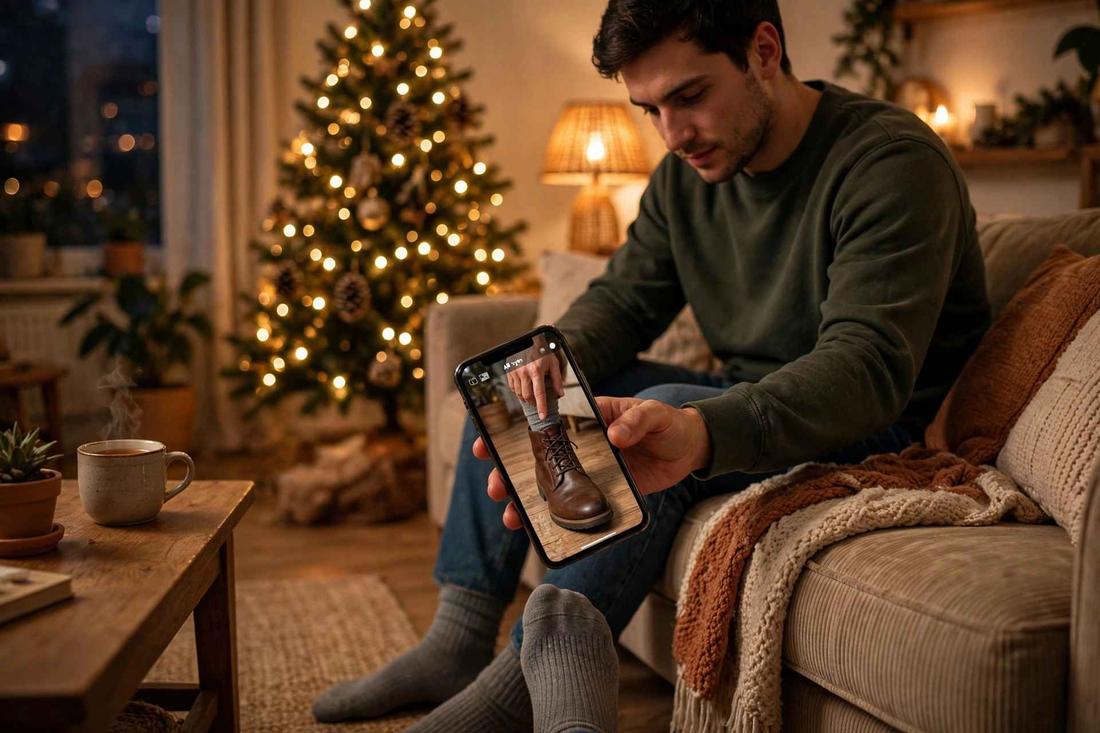 Shopper at home pointing a smartphone at their own feet, phone showing a brown leather boot at true size in AR, Christmas tree glowing in the background