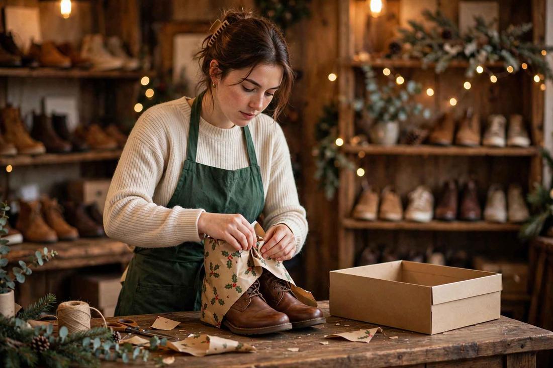 Shoe store sales assistant wrapping a pair of boots in Christmas wrapping paper at a wooden counter in a small shoe shop