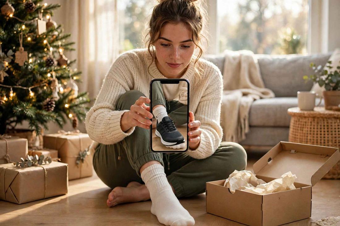 Young woman on Christmas morning pointing her phone at her own feet, phone showing a sneaker at true size in AR, unwrapped shoe gift box on the floor beside her