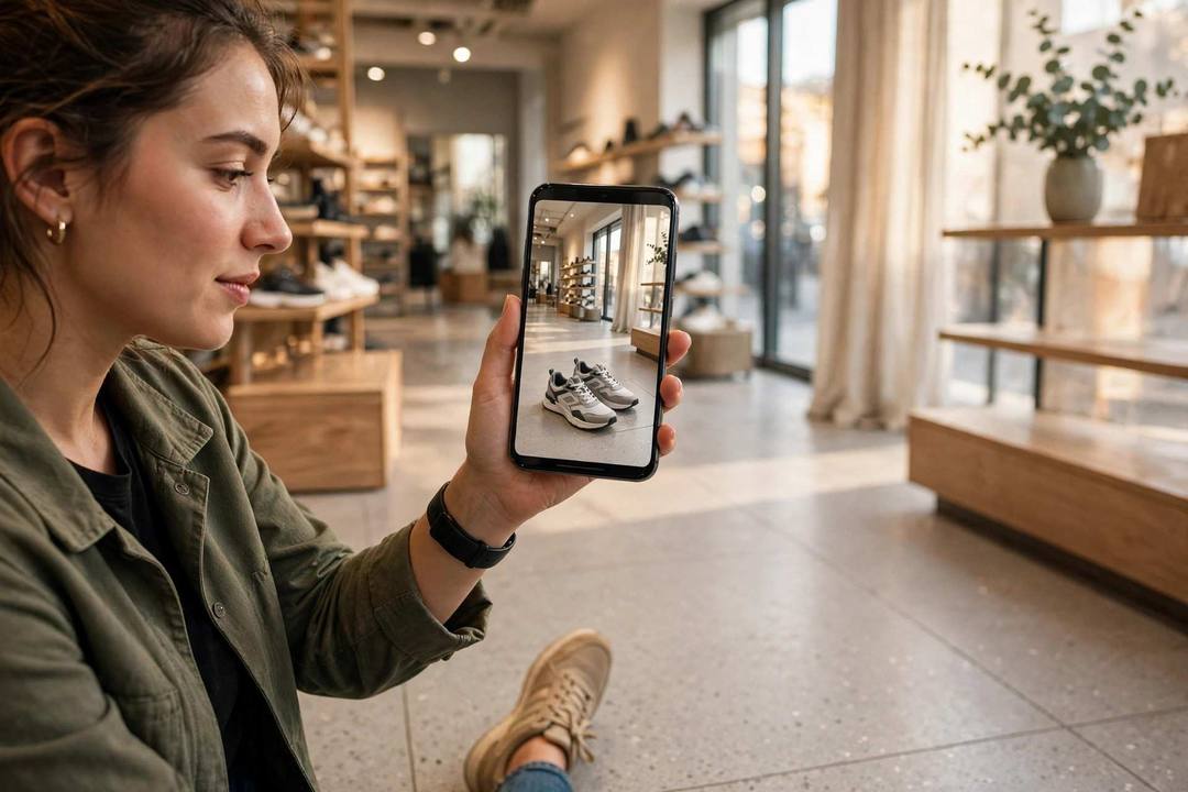 A shopper in a shoe store holds up her phone, where a pair of sneakers appears life-size on the shop floor