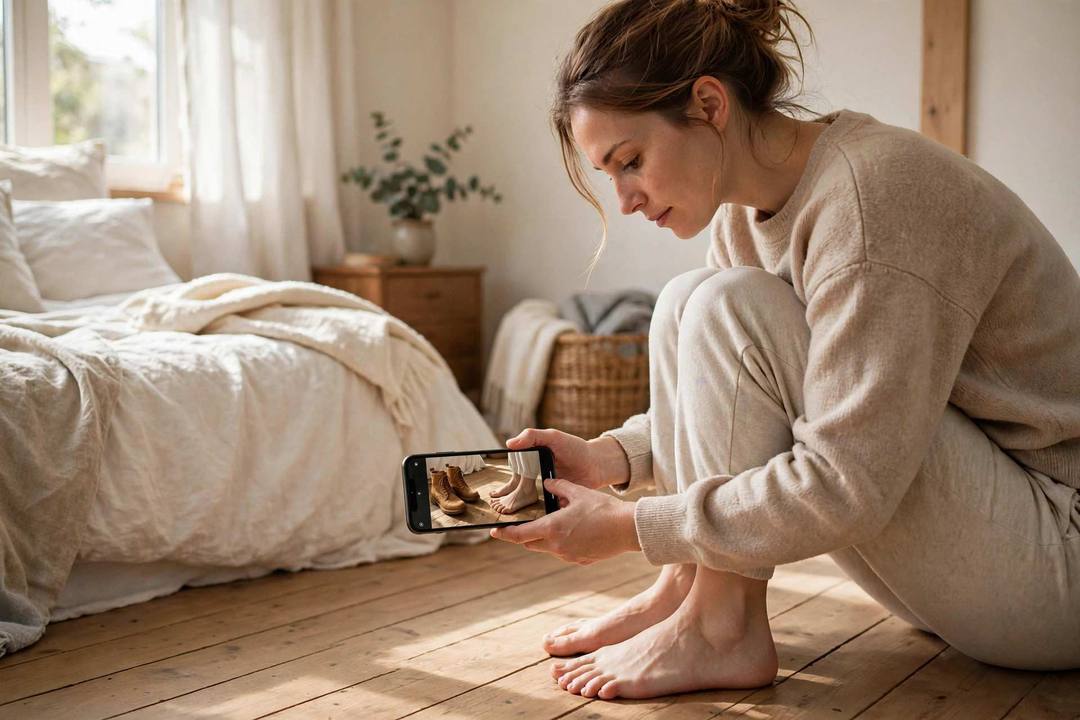 A woman at home points her phone at her bare feet, where a pair of tan boots appears at true size on screen