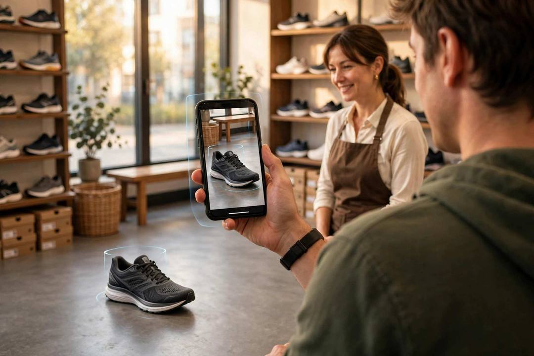 A customer in a shoe store views a running shoe at life size on the shop floor through their phone