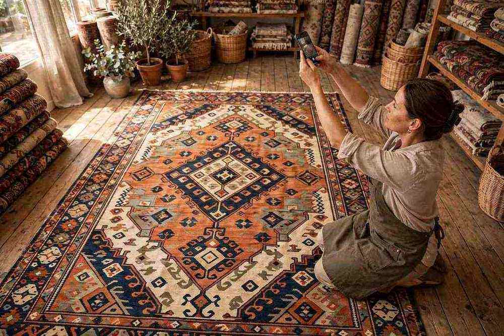 A rug shop owner photographing a patterned rug laid flat on the floor from above with her phone