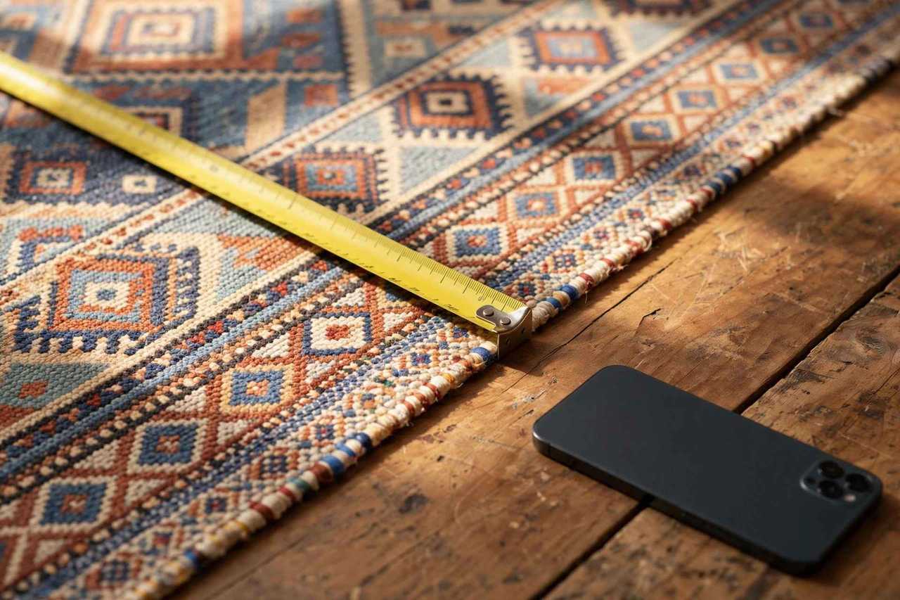 A measuring tape stretched along the edge of a patterned rug with a phone nearby