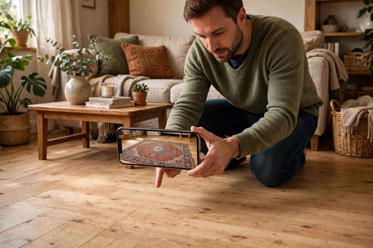 A shopper pointing his phone at a living room floor where the rug appears at true size