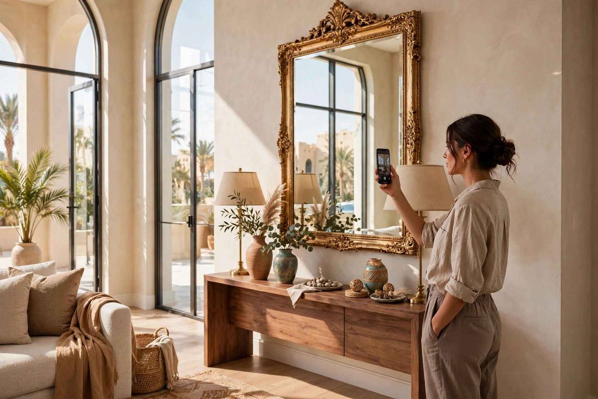 A decor store owner in a bright Gulf living room pointing her phone at a large ornate mirror, checking it in AR before buying