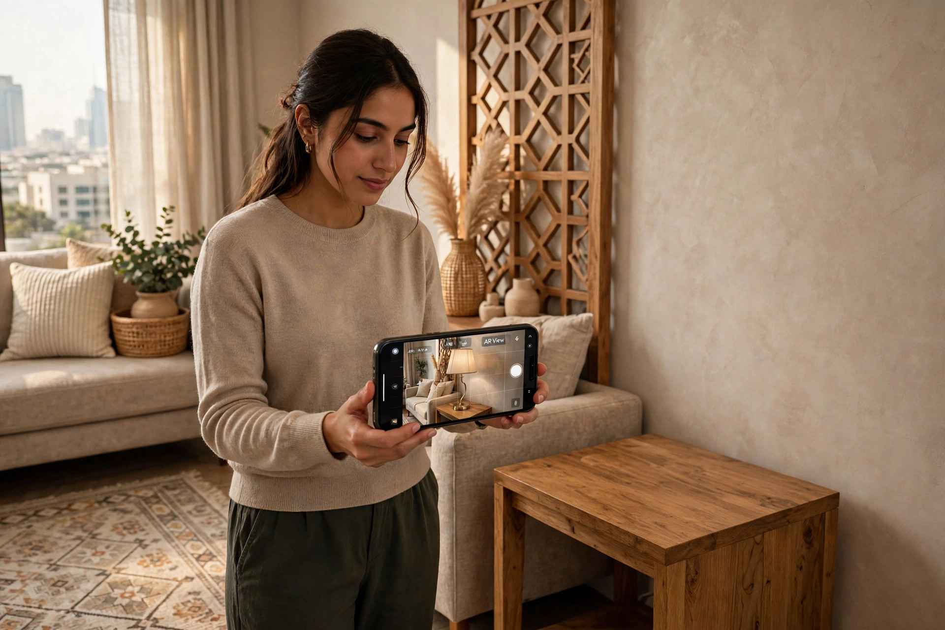 A shopper in a Dubai apartment viewing a table lamp at true size on her phone through an AR overlay