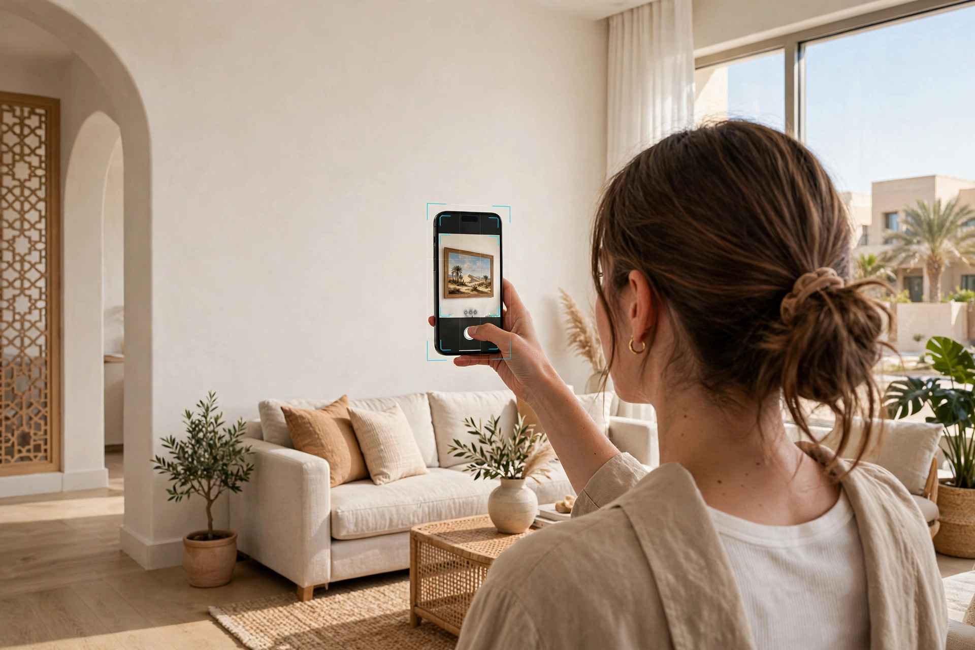A customer pointing her phone at a blank wall where a framed artwork appears at true size in an AR view
