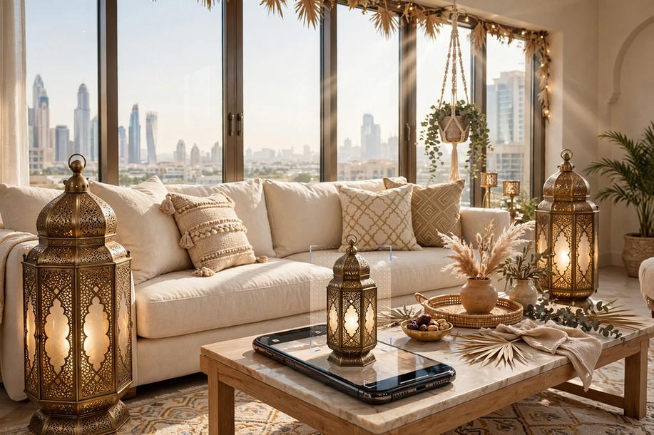 Bright Dubai living room styled with festive brass lanterns, smartphone on the coffee table showing the same lantern as a true-size AR overlay
