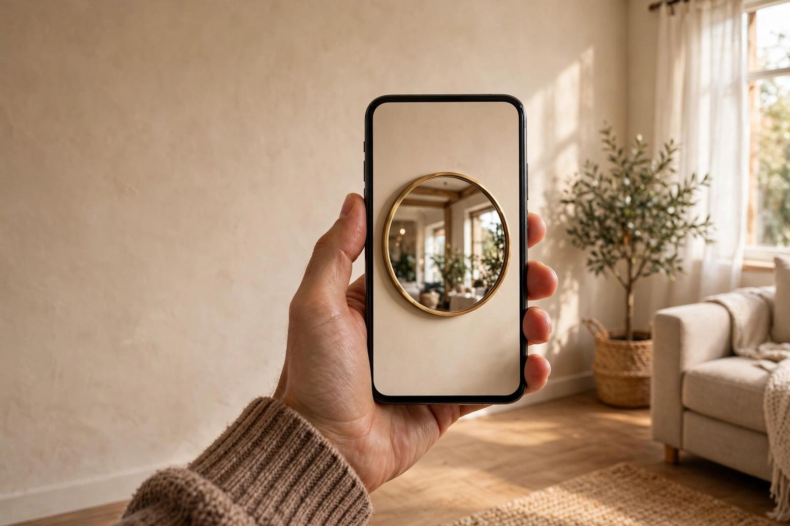 Hand holding a smartphone pointed at a bare living room wall, phone showing a large round brass mirror at true size in AR on the wall