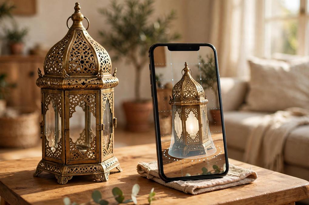 Real brass floor lantern on a side table next to a smartphone showing the same lantern in AR at identical true size