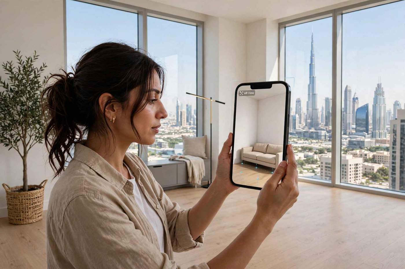 A shopper in a Dubai apartment holding up her phone while a true-to-size sofa appears in AR