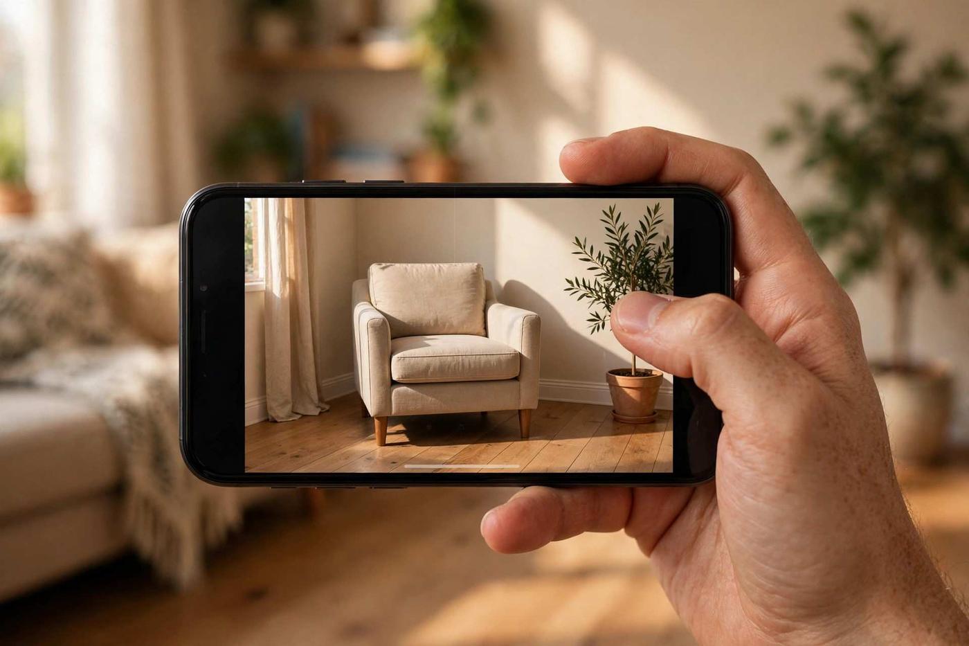 A hand holding a phone showing an armchair at true scale against a living room wall