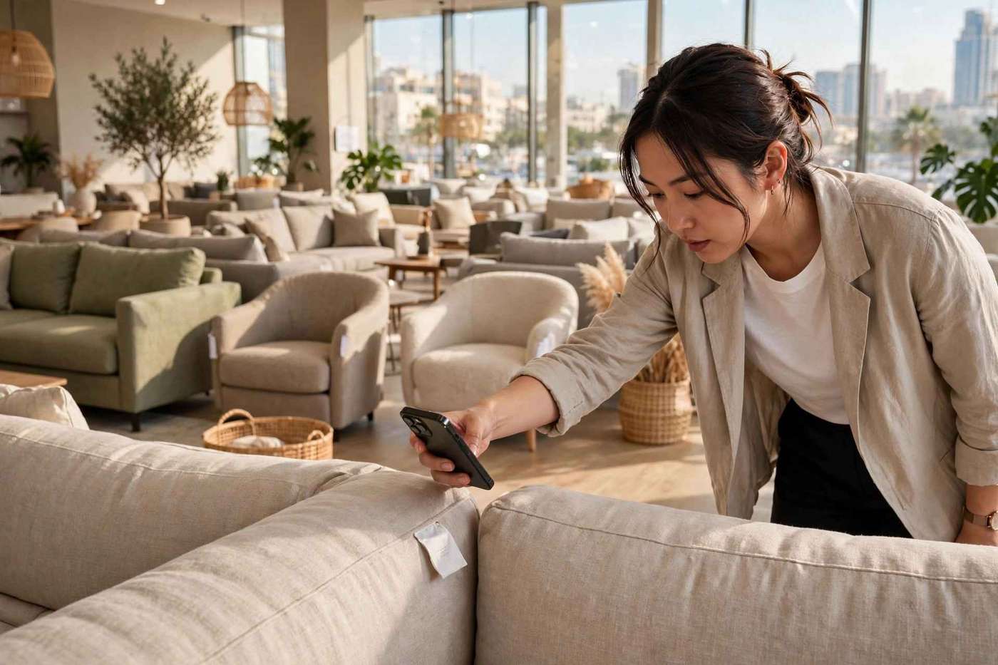A shopper in a Dubai furniture showroom pointing her phone at the tag on a sofa