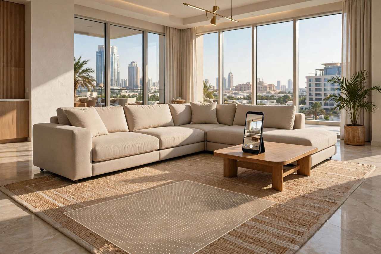 Large beige L-shaped sectional sofa in a bright Dubai-style living room with a smartphone on the coffee table showing the same sofa in true-to-size AR