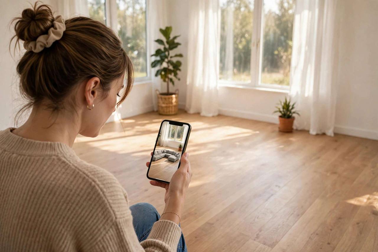 Shopper pointing a smartphone at an empty sunlit living room floor, phone showing a large L-shaped sectional appearing at true size in AR
