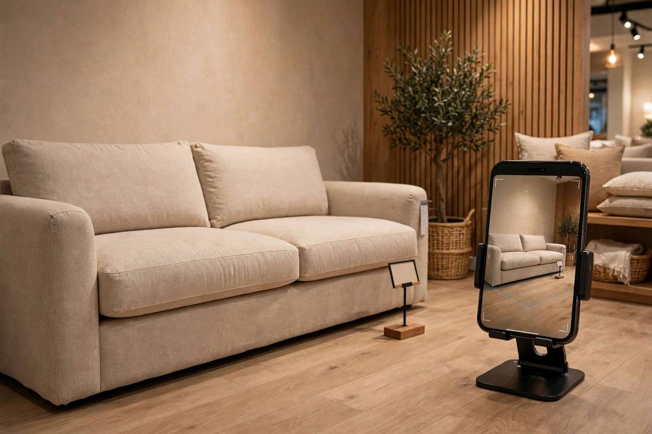 Real beige fabric sofa on a showroom floor next to a smartphone on a stand showing the same sofa in AR at identical true size
