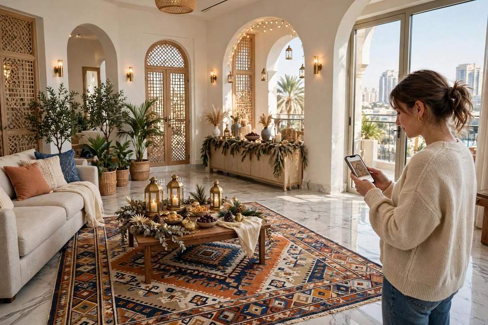 Shopper in a bright UAE living room holding a smartphone showing a patterned rug at true size on the marble floor