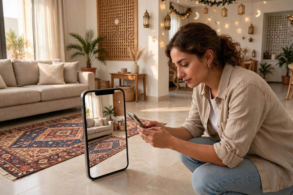 Shopper pointing a smartphone at a bare living room floor, the screen showing a patterned rug at true size beside the sofa