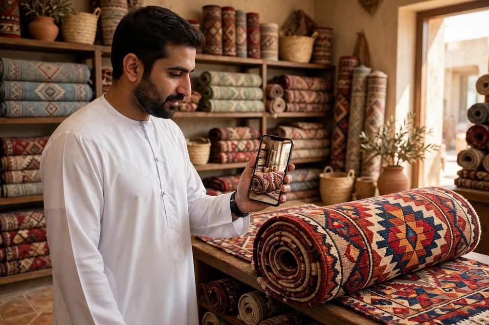 Rug store owner in a UAE rug shop holding a smartphone beside a real rolled patterned rug, the screen showing the same rug at identical true size