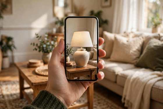 Hand holding a smartphone showing a ceramic table lamp at true size on a wooden side table in a warm living room