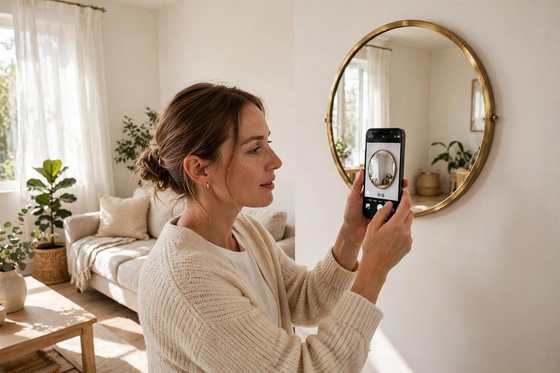 Woman pointing her smartphone at her living room wall, the phone screen showing a round brass-framed mirror appearing at true size on the wall