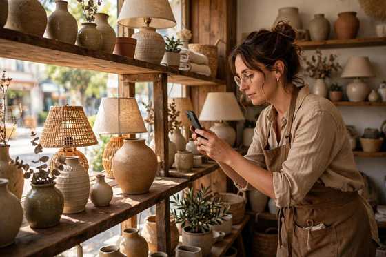 Decor shop owner photographing a handmade ceramic vase on a wooden shelf in her small boutique store