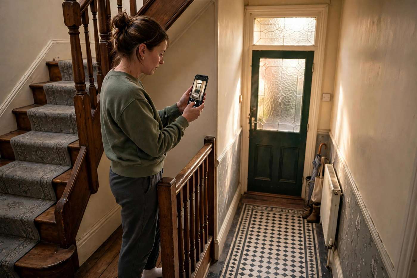 Woman on a Victorian staircase landing holding a smartphone that shows a two-seat sofa at true size in the hallway below