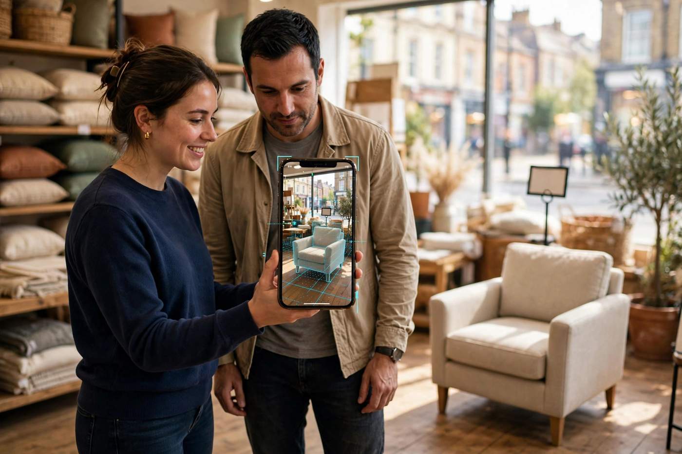 Sales assistant in a UK furniture showroom holding a smartphone that shows a fabric armchair at true size beside the real floor model
