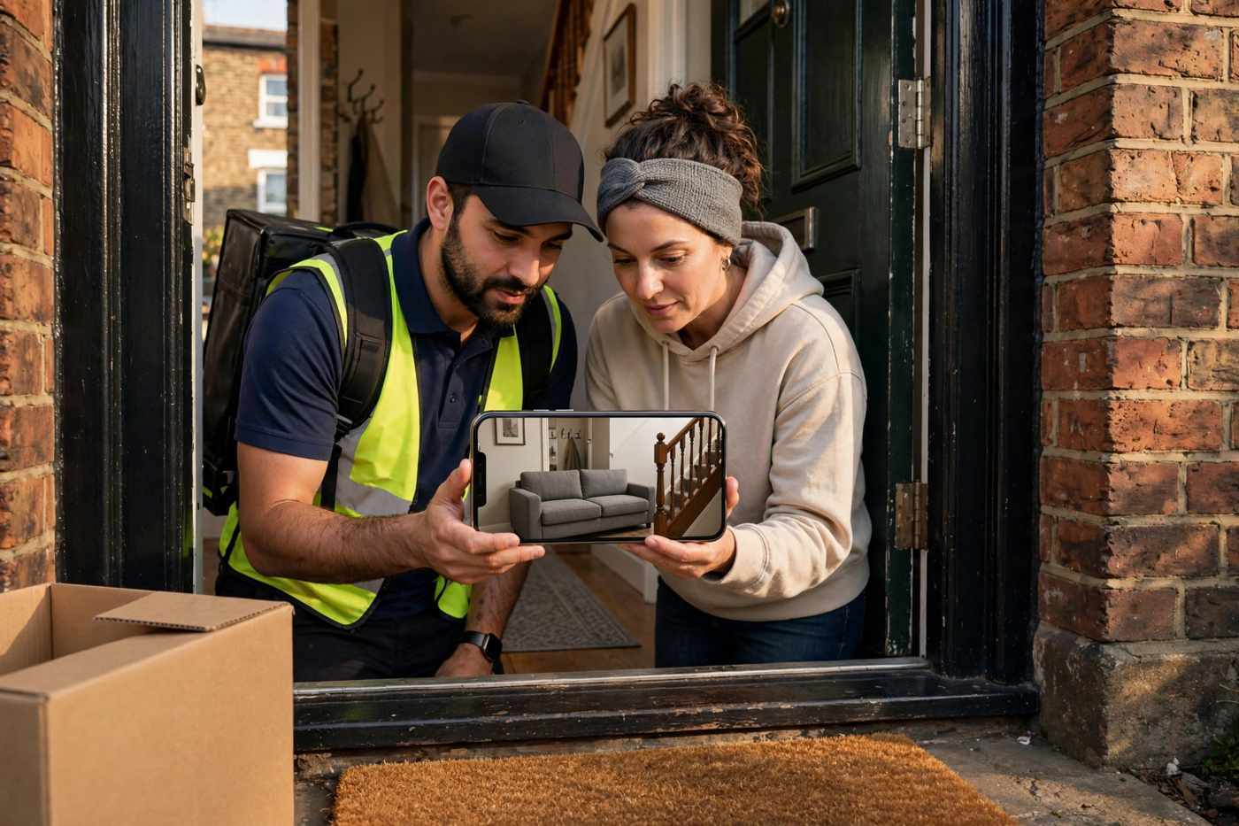 Delivery driver and homeowner at a front door looking at a smartphone that shows a grey sofa at true size just inside the doorway