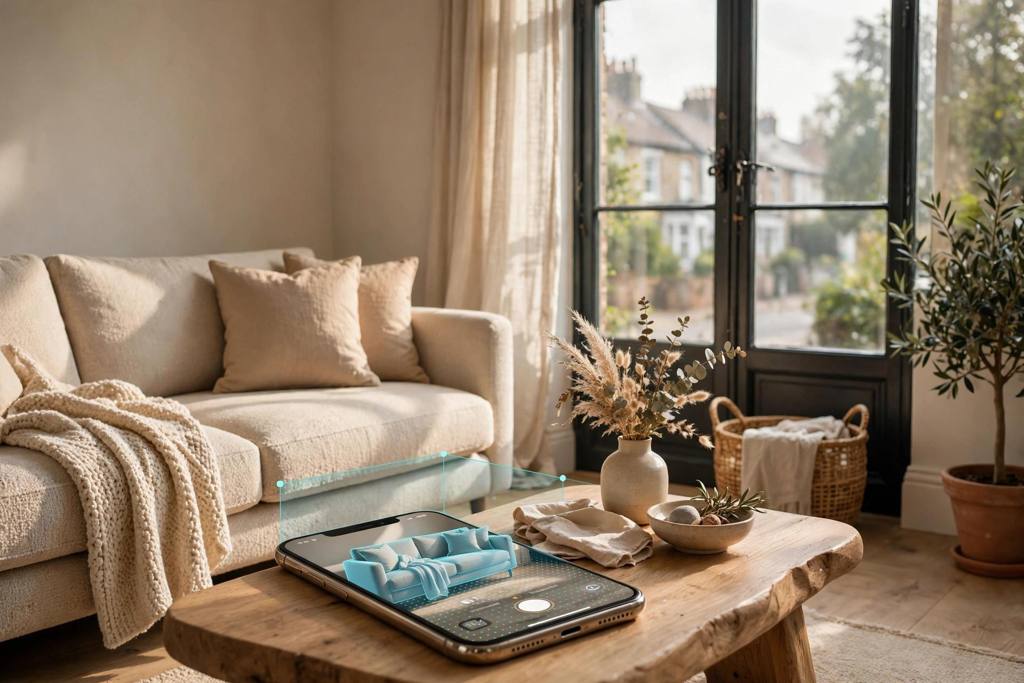 Smartphone showing a true-to-size AR sofa overlay in a warm UK living room