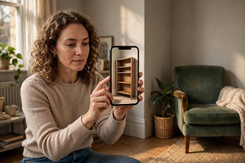 Shopper pointing a smartphone at their living room with a true-to-size AR bookshelf overlay