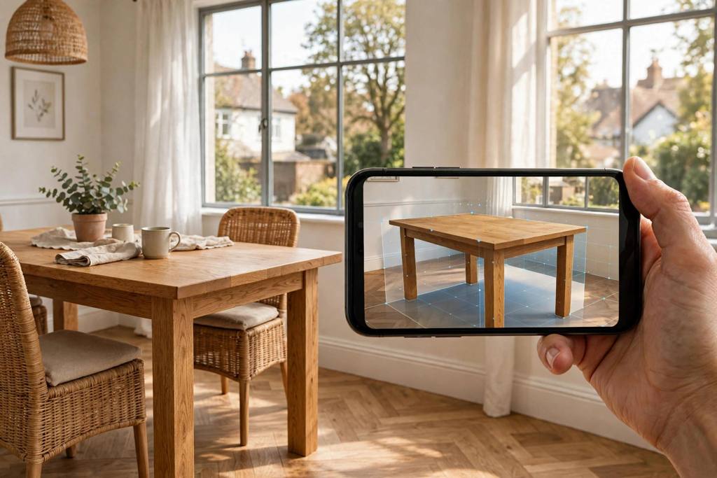 Real oak dining table next to a phone showing the same table in AR at identical true size