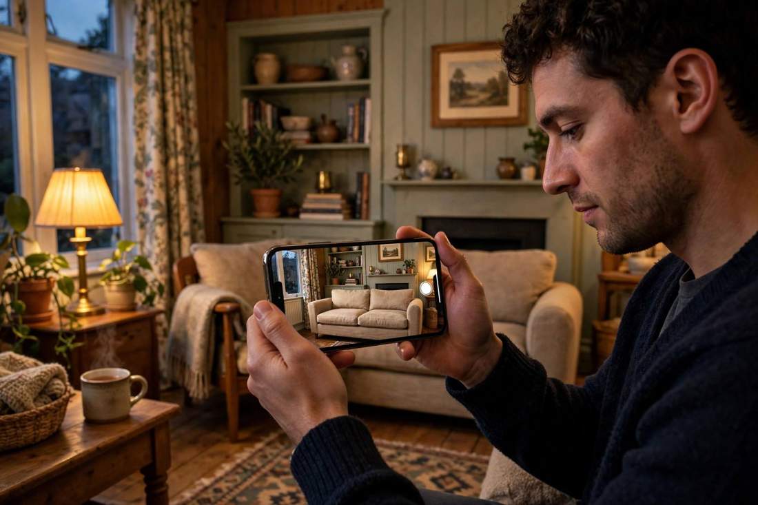 Man at home in the evening holding a smartphone showing a sofa at true size in his own living room