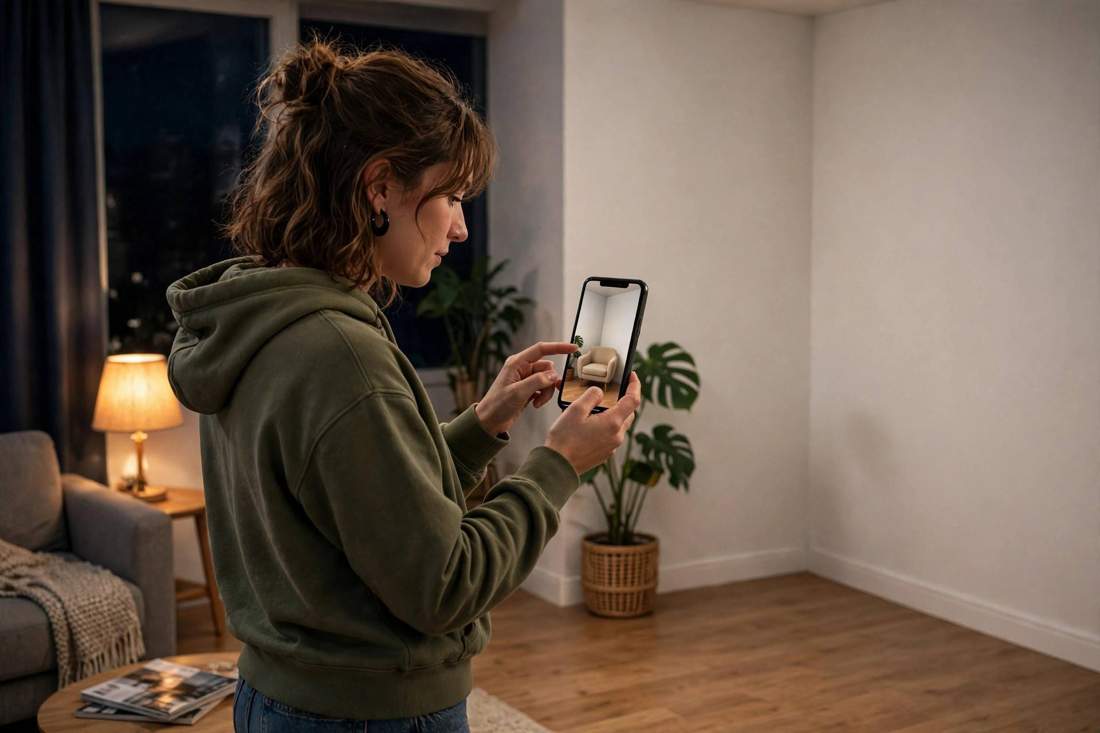 Shopper at night pointing a smartphone at an empty living room corner, the screen showing an armchair at true size in that corner