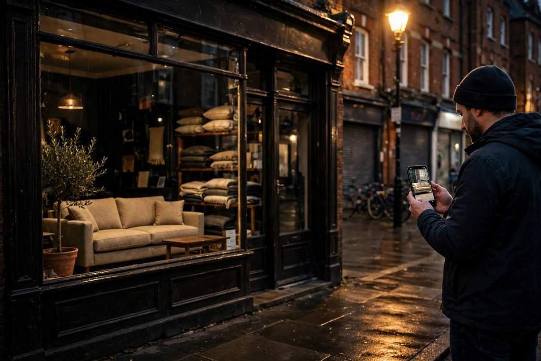 Man outside a closed UK furniture shop at night holding a smartphone showing the sofa from the shop window at true size