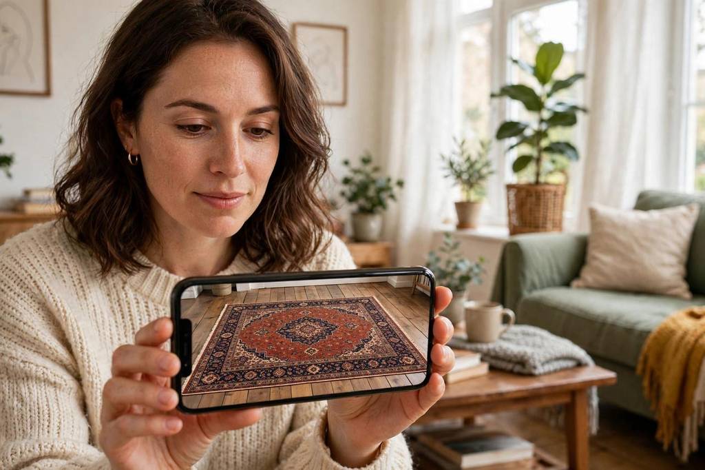 Woman in a bright UK living room holding a smartphone showing a Persian-style patterned rug at true size on her wooden floor