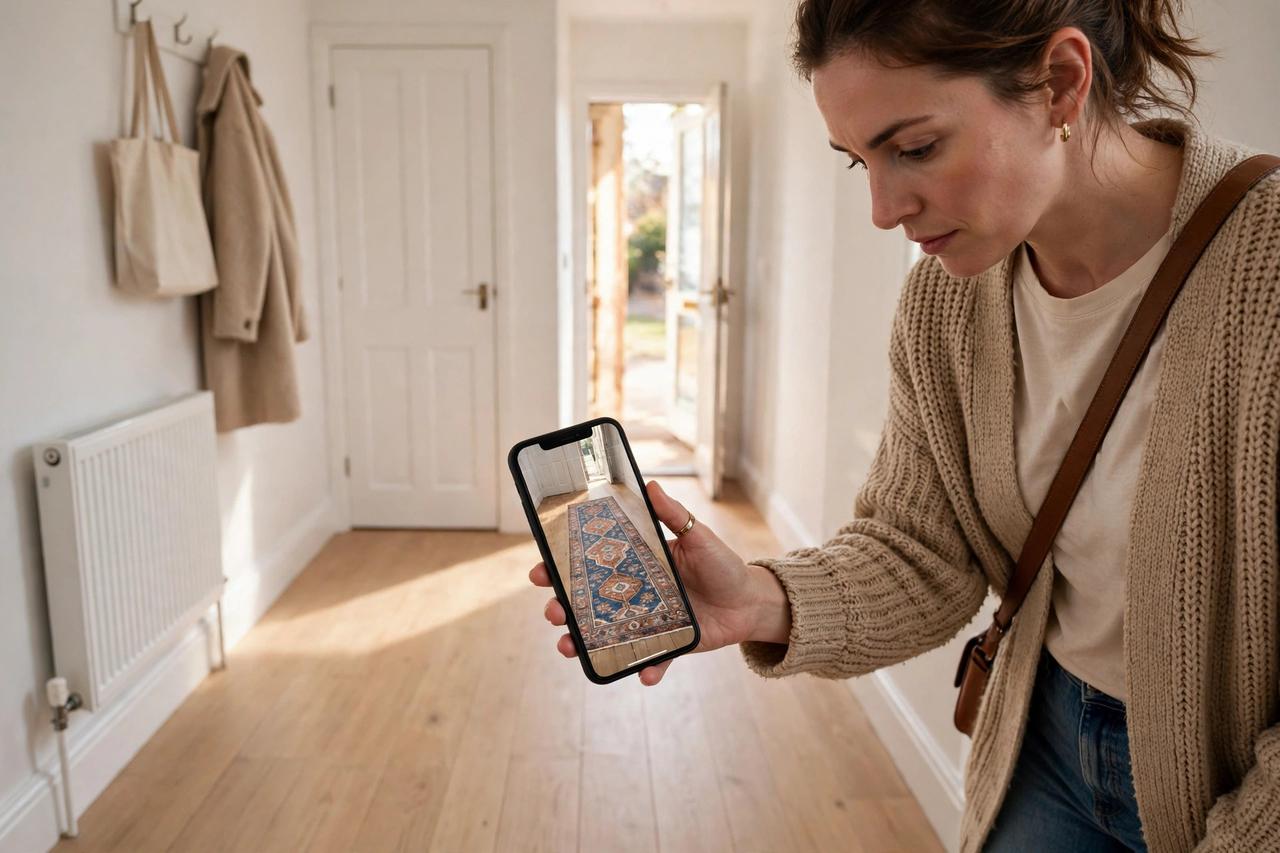 Shopper in a UK home pointing her smartphone at an empty wooden floor, the phone screen showing a patterned rug at true size lying on the floor