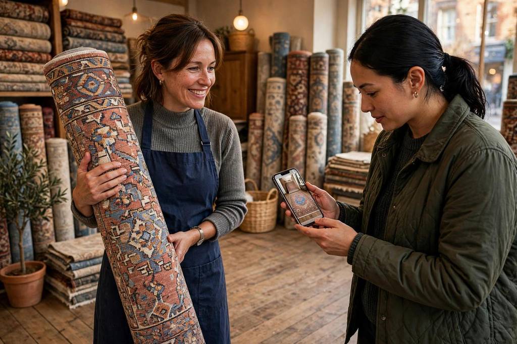 Rug store owner in a UK showroom holding a rolled rug while a customer checks the same rug on her phone screen at true size
