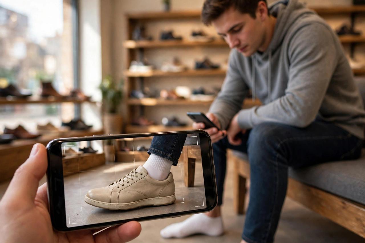 Shopper in a UK shoe store pointing a smartphone at their own foot, with a trainer shown in true-to-size AR on the phone screen