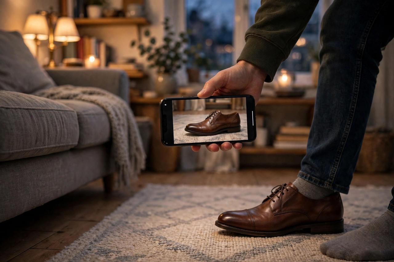 Shopper at home pointing a smartphone at the floor, with a shoe shown in true-to-size AR next to their real foot for comparison