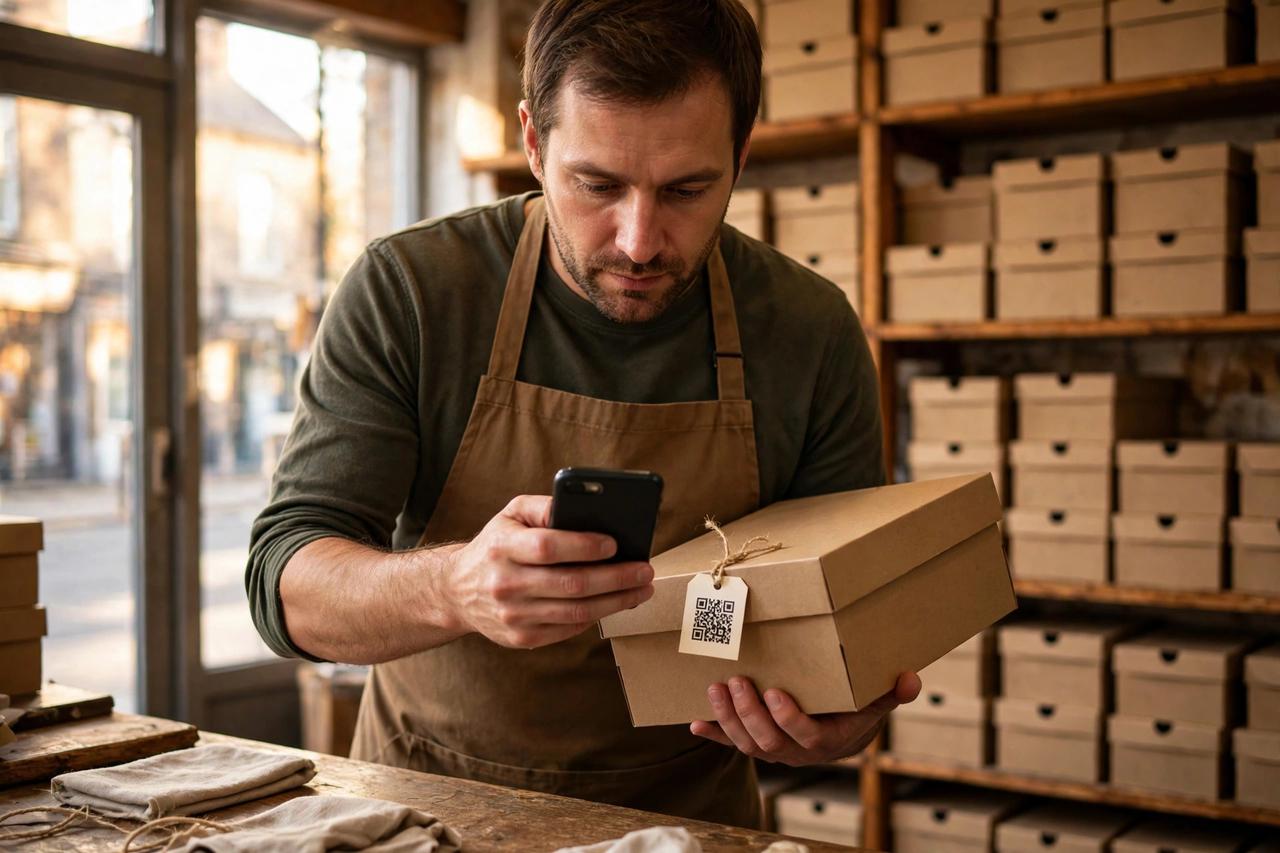 Independent shoe shop owner scanning a printed QR code tag on a shoe box behind the counter