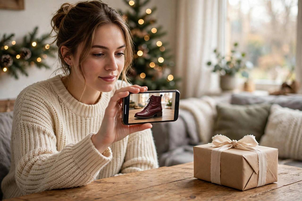 Woman holding a smartphone showing a burgundy leather ankle boot in true-to-size AR beside a wrapped Christmas gift in a cozy living room