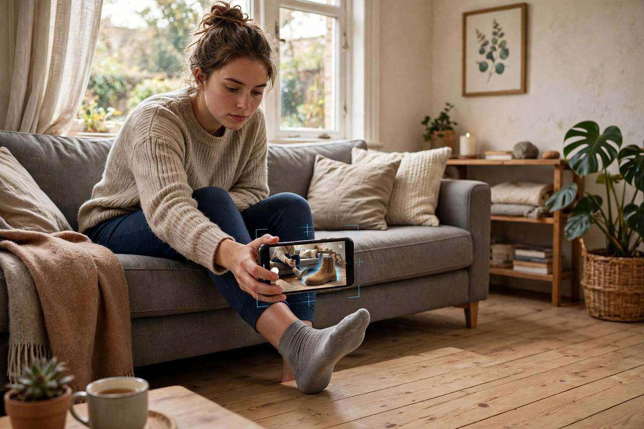 Shopper pointing a smartphone at their own foot, phone showing a tan suede chelsea boot at true size beside their foot