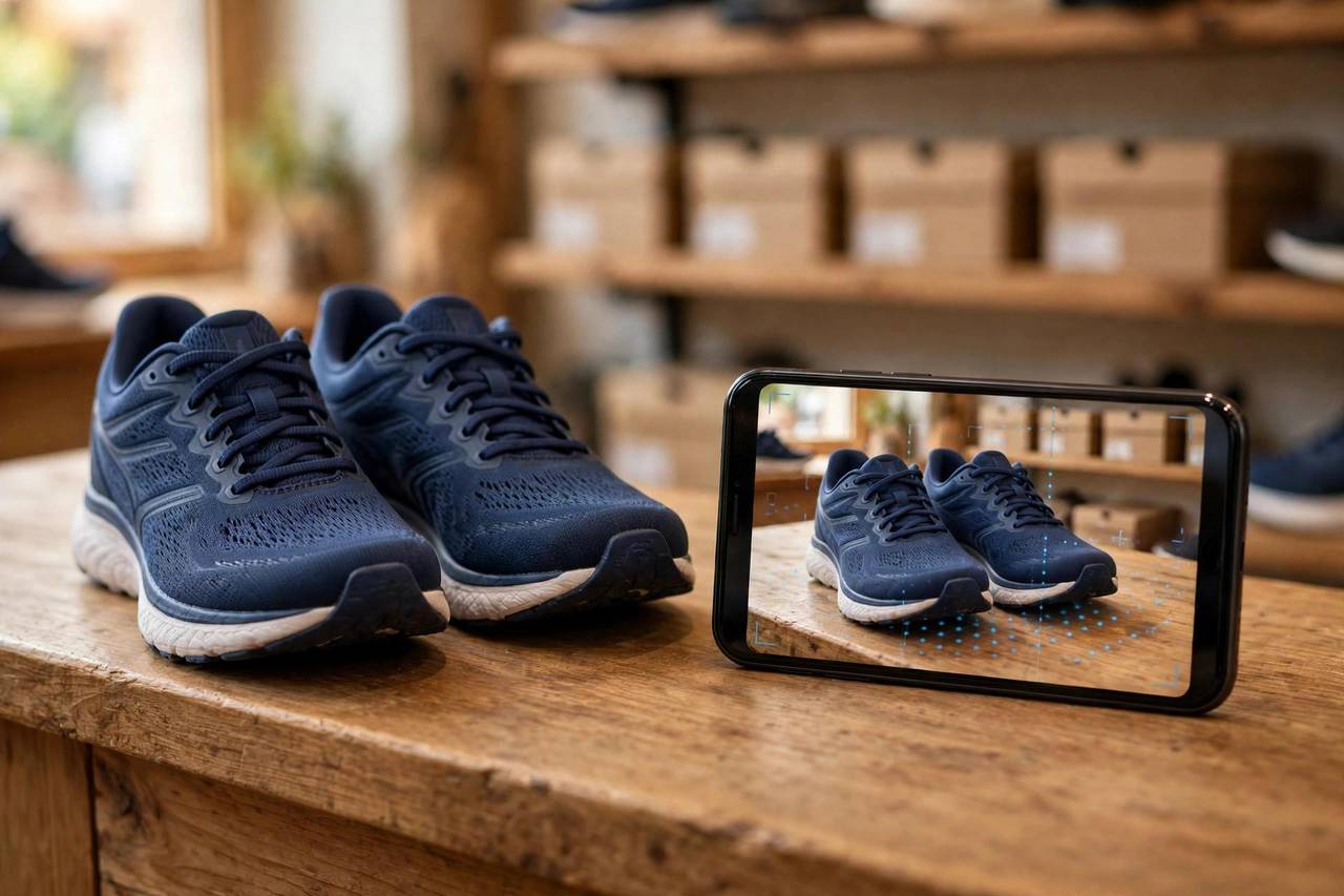 Navy running shoes on a wooden shop counter beside a smartphone showing the same shoes in true-to-size AR